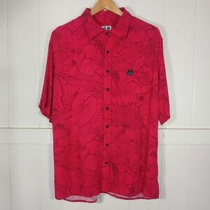HI Finest Button Down Shirt Mens L Red Hibiscus Tropical Rayon 2019 Collection